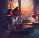  anthro blue_eyes canid canine canis city clothed clothing domestic_dog drawing female hair inside looking_at_screen mammal orphen-sirius red_hair sitting smile solo window 
