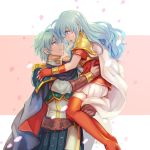  1boy 1girl 2900cm aqua_hair artist_name blue_eyes boots brother_and_sister brown_gloves cape carrying closed_mouth eirika_(fire_emblem) ephraim_(fire_emblem) fingerless_gloves fire_emblem fire_emblem:_the_sacred_stones from_side gloves high_heel_boots high_heels highres long_hair open_mouth petals red_gloves short_hair short_sleeves siblings skirt white_cape 