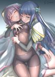  2girls armor bike_shorts black_shirt blue_dress blue_eyes blue_hair blush bodystocking breast_grab breasts cameltoe cloak closed_eyes covered_nipples crop_top dress grabbing grey_background groin hand_on_another&#039;s_chest highres hood hug long_hair magia_record:_mahou_shoujo_madoka_magica_gaiden mahou_shoujo_madoka_magica midriff multiple_girls nanami_yachiyo navel open_mouth pauldrons pink_hair shirt short_shorts shorts side_slit simple_background studiozombie tamaki_iroha thigh_gap thighs white_cloak yuri 