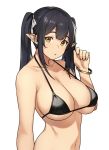  1girl bangs bare_shoulders bikini black_bikini black_hair bracelet breasts cleavage collarbone elf elf_(houtengeki) hair_ribbon houtengeki jewelry large_breasts long_hair looking_at_viewer navel open_mouth original pointy_ears ribbon sidelocks simple_background solo swimsuit twintails white_background white_ribbon yellow_eyes 