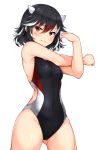  1girl ass_visible_through_thighs bangs bare_arms bare_shoulders black_hair black_swimsuit blush breasts commentary_request covered_navel cowboy_shot eyebrows_visible_through_hair groin hair_between_eyes hand_up head_tilt highres horns kijin_seija looking_at_viewer multicolored_hair one-piece_swimsuit red_eyes red_hair short_hair simple_background small_breasts smile solo standing streaked_hair swimsuit thighs tokoya_(ex-hetare) touhou white_background white_hair 