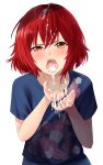  bangs blue_legwear blue_shirt blush bob_cut bukkake commentary cum cum_in_hands cum_in_mouth cum_on_hair facial floral_print furrowed_eyebrows hair_strand hands_on_own_chest highres idolmaster idolmaster_cinderella_girls messy_hair murakami_tomoe red_eyes red_hair shirt short_hair simple_background suiseimc t-shirt upper_body white_background 