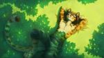 16:9 4_toes anthro barefoot brown_hair clothed clothing day detailed_background felid feline grass hair hi_res leopardus male mammal neothetaa ocelot outside smile solo son_back toes topless widescreen 
