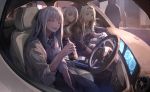  3girls ak-12_(girls_frontline) an-94_(girls_frontline) bangs between_legs blue_eyes bottle car car_interior car_seat casual cellphone character_request character_sheet closed_eyes collared_shirt commentary_request driving girls_frontline grin ground_vehicle hair_ribbon hand_between_legs highres holding holding_bottle holding_phone long_hair low-tied_long_hair miyabino_(miyabi1616) motor_vehicle multiple_girls open_mouth phone platinum_blonde_hair pov purple_eyes ribbon right-hand_drive shirt sidelocks silver_hair sleeves_rolled_up smartphone smile steering_wheel sweater vest 