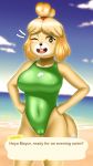  2020 absurd_res animal_crossing anthro beach big_breasts biped blonde_hair blush breasts buffbumblebee camel_toe canid canine canis clothed clothing cloud detailed_background dialogue digital_drawing_(artwork) digital_media_(artwork) domestic_dog english_text eyebrows eyelashes female fingers front_view fur hair happy hi_res isabelle_(animal_crossing) looking_at_viewer mammal navel nintendo nipple_outline one-piece_swimsuit one_eye_closed open_mouth outside portrait pose sand sea seaside shih_tzu sky smile solo speech_bubble sport_swimsuit standing swimwear text three-quarter_portrait tight_clothing tongue toy_dog video_games water widescreen wink yellow_body yellow_fur 