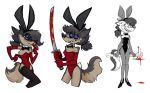  anthro axe blood bodily_fluids breasts canid canine canis domestic_dog female flashing_breasts katana lenyavok mammal melee_weapon multiple_scenes naughty_face nipples oriana_thaffer playboy_bunny solo sword weapon 