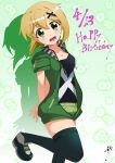  1girl absurdres akatsuki_kirika black_legwear blonde_hair breasts dated green_eyes green_hoodie green_shorts hair_ornament happy_birthday highres hood hoodie looking_at_viewer medium_breasts namida_boshi senki_zesshou_symphogear shiny shiny_hair shiny_skin short_hair shorts smile solo standing standing_on_one_leg tank_top thighhighs x_hair_ornament 