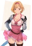  1girl blonde_hair blush boots breasts brown_legwear cleavage collarbone commentary djeeta_(granblue_fantasy) dress dress_lift gloves granblue_fantasy granblue_fantasy_versus grin hairband hand_on_hip hand_up heart hews_hack highres holding_controller looking_at_viewer medium_breasts panties pantyshot pantyshot_(standing) pink_dress playstation_controller red_hairband short_hair smile solo standing sword sword_behind_back thigh_boots thighhighs underwear upskirt weapon white_panties yellow_eyes 