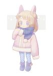  1girl animal_ears ayu_(mog) blonde_hair blue_eyes blue_legwear blue_scarf boots closed_mouth fake_animal_ears full_body fur_boots long_sleeves looking_at_viewer medium_hair multicolored multicolored_eyes original pantyhose pink_coat pom_pom_(clothes) purple_eyes purple_footwear scarf signature sleeves_past_fingers sleeves_past_wrists smile solo standing two_side_up 
