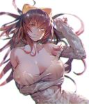  1girl arm_under_breasts bangs breasts brown_hair cleavage covered_nipples dress english_commentary gyudong123 hair_between_eyes hair_ribbon hand_up highres large_breasts long_hair looking_at_viewer off_shoulder original parted_lips ribbed_dress ribbon sleeves_rolled_up very_long_hair 