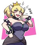  2018 alternate_species animal_humanoid big_breasts blonde_hair blush bowser bowsette_meme breasts clothing crossgender crown dress female hair hi_res horn horned_humanoid humanoid humanoid_pointy_ears jam-orbital koopa_humanoid laugh looking_at_viewer mario_bros meme nintendo orange_eyes scalie scalie_humanoid simple_background solo super_crown video_games 