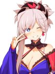  1girl bangs bare_shoulders blue_eyes breasts chata_maru_(irori_sabou) cleavage collarbone commentary_request earrings eyebrows_visible_through_hair fate/grand_order fate_(series) grey_hair grin hair_ornament highres japanese_clothes jewelry large_breasts long_hair looking_at_viewer miyamoto_musashi_(fate/grand_order) one_eye_closed simple_background smile solo v white_background 