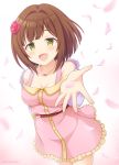  1girl :d bangs blush breasts brown_hair cleavage collarbone commentary_request dress eyebrows_visible_through_hair fang flower frilled_dress frills gradient gradient_background green_eyes hair_flower hair_intakes hair_ornament hand_up idolmaster idolmaster_cinderella_girls idolmaster_cinderella_girls_starlight_stage jewelry kaiware-san long_sleeves looking_at_viewer maekawa_miku medium_breasts necklace off-shoulder_dress off_shoulder open_mouth petals pink_background pink_dress red_flower red_rose rose smile solo twitter_username white_background 
