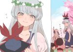  2boys 3girls =o bangs big_hair blue_dress blue_headwear blue_sky bow carrying cherry_blossoms cloud collarbone day dress eyebrows_visible_through_hair faceless from_behind fujiwara_no_mokou giving grass hair_bow hand_over_another&#039;s_eyes happy hat hat_removed head_tilt head_wreath headwear_removed highres holding_stick japanese_clothes joniko1110 kamishirasawa_keine layered_dress long_hair long_sleeves looking_at_another looking_down looking_up multiple_boys multiple_girls pants piggyback puffy_short_sleeves puffy_sleeves red_neckwear red_pants right-to-left_comic shirt short_sleeves sidelocks silver_hair simple_background sky sleeveless sleeveless_dress smile suspenders touhou translation_request very_long_hair white_background white_dress white_shirt 