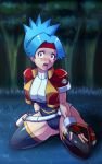  1girl blue_hair boots breasts capture_styler deadmoon_(kein2002) fingerless_gloves gloves hinata_(pokemon) leotard looking_at_viewer medium_breasts pokemon pokemon_ranger pokemon_ranger_1 pokemon_ranger_uniform red_eyes thick_thighs thighhighs thighs wide_hips 