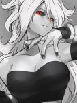  1girl android_21 black_sclera bracelet breasts choker cleavage dragon_ball dragon_ball_fighterz earrings greyscale hoop_earrings jewelry kemachiku large_breasts long_hair looking_at_viewer majin_android_21 monochrome nail_polish pointy_ears red_eyes ring solo 