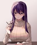  1girl bangs beige_sweater blush breasts casual commentary doki_doki_literature_club eyebrows_visible_through_hair hair_between_eyes highres holding holding_pen large_breasts long_hair long_sleeves parted_lips pen purple_eyes purple_hair ribbed_sweater setuji sidelocks solo sweater turtleneck turtleneck_sweater upper_body yuri_(doki_doki_literature_club) 