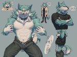  5_fingers abs anthro belt biceps biped blue_body blue_fur blue_tail body_hair bottomwear brand_new_animal bulge canid canine canis claws clothed clothing coat collar crossed_arms digital_media_(artwork) eggubboyo english_text fangs fingers fluffy fur growling happy_trail hi_res japanese_text looking_at_viewer male mammal multicolored_body multicolored_fur muscular muscular_arms muscular_male navel nipples pants pecs pubes shirou_ogami shirt simple_background snarling solo speech_bubble standing studio_trigger teeth text topless topwear triceps two_tone_body two_tone_fur two_tone_tail were werecanid werecanine werewolf white_body white_fur white_tail wolf 
