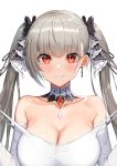  1girl absurdres azur_lane bangs bare_shoulders blush breasts cleavage closed_mouth collarbone commentary_request dress dress_pull earrings eyebrows_visible_through_hair formidable_(azur_lane) greem_bang grey_hair hair_ribbon highres jewelry large_breasts long_hair looking_at_viewer platinum_blonde_hair pulled_by_self red_eyes ribbon side_slit simple_background skindentation smile solo twintails two-tone_ribbon very_long_hair white_background white_dress 
