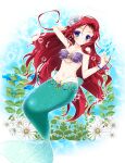  1girl ariel_(disney) bikini blue_eyes breasts bubble disney earrings flower hair_flower hair_ornament highres jewelry long_hair looking_at_viewer medium_breasts mermaid monster_girl navel red_hair shell shell_bikini smile solo suzushiro_atsushi swimsuit the_little_mermaid very_long_hair 