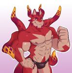  5_fingers abs anthro biceps claws clothed clothing cthugha_(tas) dragon fangs fingers gradient_background hand_on_hip hi_res looking_at_viewer male muscular muscular_male nipples padzyan pecs simple_background solo speedo swimwear tentacles tokyo_afterschool_summoners topless video_games white_outline 