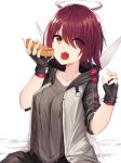  1girl :o apple_pie arknights bangs black_gloves bra_strap breasts brown_eyes commentary exusiai_(arknights) eyebrows_visible_through_hair fingerless_gloves food gloves grey_jacket grey_shirt hair_over_one_eye halo hands_up highres holding holding_food jacket large_breasts looking_at_viewer open_clothes open_jacket open_mouth pie raglan_sleeves red_hair shirt short_hair short_sleeves simple_background solo upper_body white_background yatsucchie 