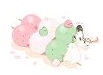  6+others artist_name bear bird chai cherry_blossoms commentary_request dango flying_sweatdrops food hat highres multiple_others no_humans original penguin petals scarf shadow simple_background sitting_on_food skewer wagashi white_background 