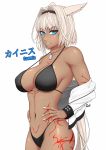  bikini black_bikini_bottom black_bikini_top body_markings breasts caenis_(fate) character_name cleavage dark_skin dog_tags fate/grand_order fate_(series) hair_intakes highleg highleg_bikini highres large_breasts ponytail_holder ryu_seung signature studded_jacket swimsuit tattoo white_background white_nails 