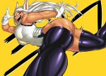  1girl absurdres animal_ears biceps black_legwear boku_no_hero_academia breasts bunny_ears bunny_tail commentary crazy_smile dark_skin english_commentary fang foreshortening from_below fur_collar highleg highleg_leotard highres impossible_clothes impossible_leotard large_breasts leotard long_eyelashes long_hair lyuka muscle muscular_female nose open_mouth red_eyes running silver_hair sleeveless solo tail taut_leotard thick_thighs thighhighs thighs usagiyama_rumi white_background white_leotard yellow_background 