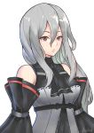  1girl arknights axeloust english_commentary long_hair red_eyes skadi_(arknights) sleeveless sleeveless_turtleneck solo turtleneck white_background white_hair 