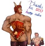  2boys abs animal_ears ass bara bare_shoulders beard blush brown_hair bunny_ears bunnysuit chest easter epaulettes facial_hair fate/grand_order fate_(series) loboke looking_at_viewer looking_back male_focus multiple_boys muscle napoleon_bonaparte_(fate/grand_order) open_clothes open_mouth pectorals red_eyes rider_(fate/zero) scar sideburns simple_background smile thighs undressing upper_body 