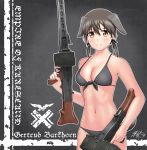  1girl absurdres animal_ears bikini blush breasts brown_hair character_name closed_mouth collarbone dog_ears eyebrows_visible_through_hair gertrud_barkhorn grey_bikini gun hair_ornament hair_ribbon highres large_breasts looking_at_viewer navel ribbon rifle satukiookami shiny shiny_hair short_hair smile solo standing strike_witches swimsuit twintails upper_body weapon world_witches_series 