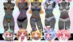  5girls :3 animal_ears aoba_moca ass_cutout back bang_dream! bangs black_collar black_neckwear blonde_hair blue_bow blue_bra blue_eyes blue_flower blue_hair blue_neckwear blue_panties blue_rose blush bone_earrings bow bowtie bra brown_eyes bunny_ears chain chibi chino_machiko claw_pose collar demon_horns detached_collar detached_sleeves eyeball_hair_ornament flower fur_trim green_flower green_rose grey_eyes grey_hair hair_bow hair_ornament hat hat_bow head_chain headphones heart_hat_ornament horns ichigaya_arisa lace lace-trimmed_bra lace_bra lace_panties lingerie long_hair mannequin maruyama_aya matsubara_kanon multiple_girls navel neck_ribbon panties pink_eyes pink_hair purple_bow purple_eyes red_flower red_rose ribbon rose short_hair sock_garters sparkle star_cutout stitches striped striped_bra striped_panties thigh_strap top_hat tsurumaki_kokoro twintails two_side_up underwear upper_body white_bow white_bra white_panties x_hair_ornament yellow_eyes 