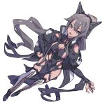  1girl animal_ears arizework bare_shoulders breasts cleavage fake_animal_ears grey_eyes grey_hair hand_on_hip highres long_hair open_mouth original shiny shiny_skin shoulder_cutout simple_background sitting smile solo tongue twintails very_long_hair white_background white_legwear 