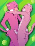  2020 absurd_res anthro anthro_on_anthro black_nose butt duo erection felid foreskin fur fur_tuft genitals hanna-barbera hi_res looking_at_viewer male male/male mammal nude pantherine penis pink_balls pink_body pink_butt pink_ears pink_fur pink_nose pink_panther pink_panther_(series) pink_penis pink_tail raccoon_douglas_(artist) signature smile snagglepuss snagglepuss_(series) tuft yellow_sclera 