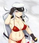  bikini bottle breasts commentary_request cowboy_shot gangut_(kantai_collection) grey_background grey_hair hammer_and_sickle hat highres holding holding_bottle jacket kantai_collection large_breasts long_hair navel peaked_cap red_bikini red_eyes shigeru_(shigel_marv) swimsuit white_jacket 