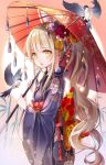  1girl bird blonde_hair blue_kimono brown_eyes eyebrows_visible_through_hair flower hair_flower hair_ornament highres holding holding_umbrella icebox46 japanese_clothes kimono long_hair looking_at_viewer oriental_umbrella original parted_lips ponytail solo umbrella very_long_hair wavy_hair 