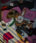  aggressive_retsuko antelope anthro bed bedroom bovid bra cellphone chief_komiya clock clothing couple_love cuddling detailed_background eyes_closed female fur furniture gazelle herpestid hi_res legwear light male mammal meerkat necktie phone sanrio skulpin sleeping smile socks spots spotted_body spotted_fur sunlight tsunoda underwear undressed 