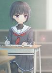  1girl bangs black_hair black_legwear black_sailor_collar black_serafuku black_skirt blurry blurry_background blurry_foreground blush chair closed_mouth commentary_request depth_of_field desk eraser eyebrows_visible_through_hair highres holding holding_pencil idolmaster idolmaster_cinderella_girls indoors kazane_mari looking_away looking_to_the_side mechanical_pencil neckerchief on_chair pantyhose pencil petals pleated_skirt purple_eyes red_neckwear sailor_collar school_chair school_desk school_uniform serafuku shirayuki_chiyo short_hair sitting skirt smile solo white_sailor_collar 