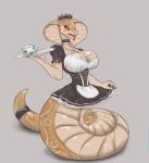  blush breasts clothing cup female holding_plate impracticalart maid_uniform naga open_mouth red_sclera reptile scalie serpentine simple_background snake solo tea_cup tongue tongue_out uniform video_games viper_(x-com) x-com x-com_2 