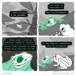  1:1 ambiguous_gender amphibian bone comic dialogue duo english_text feral frog green_body leaf outside skull skullbird spirit text 