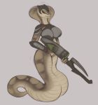  armor bib_breasts breasts fangs female holding_object holding_weapon impracticalart looking_at_viewer naga non-mammal_breasts red_sclera reptile scalie serpentine simple_background sketch snake snake_hood solo video_games viper_(x-com) weapon x-com x-com_2 