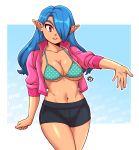  1girl absurdres black_shorts blue_hair blush breasts cleavage collarbone earrings eyebrows hair_over_one_eye highres jewelry large_breasts long_hair long_sleeves looking_at_viewer navel original parted_lips pink_hoodie pointy_ears red_eyes shorts smile solo taggo tan unzipped 