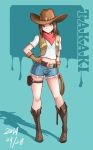  1girl absurdres belt blue_shorts boots brown_belt brown_eyes brown_footwear brown_gloves brown_hair brown_headwear brown_vest character_name contrapposto cowboy_boots cowboy_hat cutoffs dated denim denim_shorts full_body gloves hand_on_hip hat highres holding_whip karakai_jouzu_no_takagi-san long_hair looking_at_viewer midriff navel red_scarf scarf sdhjjjd shirt short_shorts shorts solo standing t-shirt takagi-san thigh_pouch thigh_strap vest western whip white_shirt 