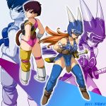  armlet ass belt black_hair blue_armor boots breasts brown_gloves cleavage closed_mouth daisy_(dq) dragon_ball dragon_ball_z dragon_quest dragon_quest_yuusha_abel_densetsu earrings fushisha_o gloves groin helmet horned_helmet jewelry long_hair looking_at_viewer monkey_tail multiple_girls seiyuu_connection seripa short_hair single_thighhigh smile sword tail thighhighs weapon 
