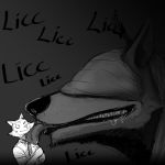  1:1 anthro beast_(bloodborne) beastars blindfold bloodborne bodily_fluids canid canine canis comic drooling duo face_lick female food fromsoftware hi_res hladilnik holding_food holding_object legoshi_(beastars) licking male mammal monochrome saliva sandwich_(food) sharp_teeth sony_corporation sony_interactive_entertainment teeth tongue tongue_out vicar_amelia video_games wolf 