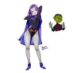  1boy 1girl beast_boy_(dc) belt breasts cape closed_mouth dc_comics ejami forehead_jewel grey_skin leotard looking_at_viewer purple_eyes purple_hair raven_(dc) short_hair simple_background smile teen_titans white_background 