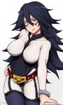  1girl :q belt between_breasts black_hair black_legwear black_leotard blue_eyes bodysuit boku_no_hero_academia breastless_clothes breasts brown_belt covered_nipples cowboy_shot cuffs dominatrix domino_mask garter_straps hair_between_eyes hand_on_hip highleg highleg_leotard highres large_breasts leotard long_hair looking_at_viewer mask midnight_(boku_no_hero_academia) shymiruku simple_background smile solo spiked_hair superhero thighhighs tongue tongue_out very_long_hair white_background white_bodysuit 