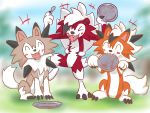  2020 4:3 anthro black_nose blush brown_body claws cutlery dusk_lycanroc eyes_closed fangs feral hair kitchen_utensils lycanroc markings midday_lycanroc midnight_lycanroc nintendo open_mouth orange_body plate pok&eacute;mon pok&eacute;mon_(species) red_body sitting spoon standing tailwag teeth toe_claws tools tuft video_games white_hair white_markings 