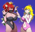  2018 alternate_species animal_humanoid big_breasts blonde_hair blue_background blue_eyes blush bound bowser bowsette_meme breasts chain chain_leash clothing collar crossgender crown duo ear_piercing female gag gagged hair hi_res horn horned_humanoid human humanoid jam-orbital koopa_humanoid leash leash_pull leotard looking_at_viewer mammal mario_bros meme navel nintendo nipple_outline piercing ponytail princess_peach red_hair scalie scalie_humanoid simple_background smile super_crown tight_clothing video_games wrist_cuff yellow_eyes 